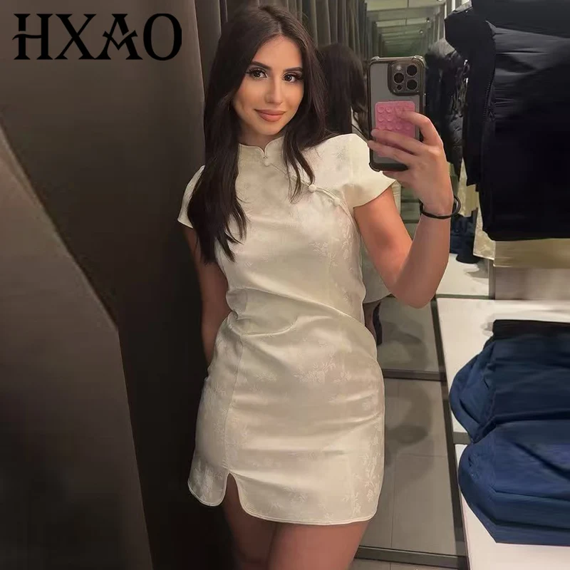 HXAO Mini Satin-Jacquard-Kleider Damenkleid Sommer 2026 Schicke Partykleider Kurzarm Bodycon-Kleid Chinesischer Stil Vestidos