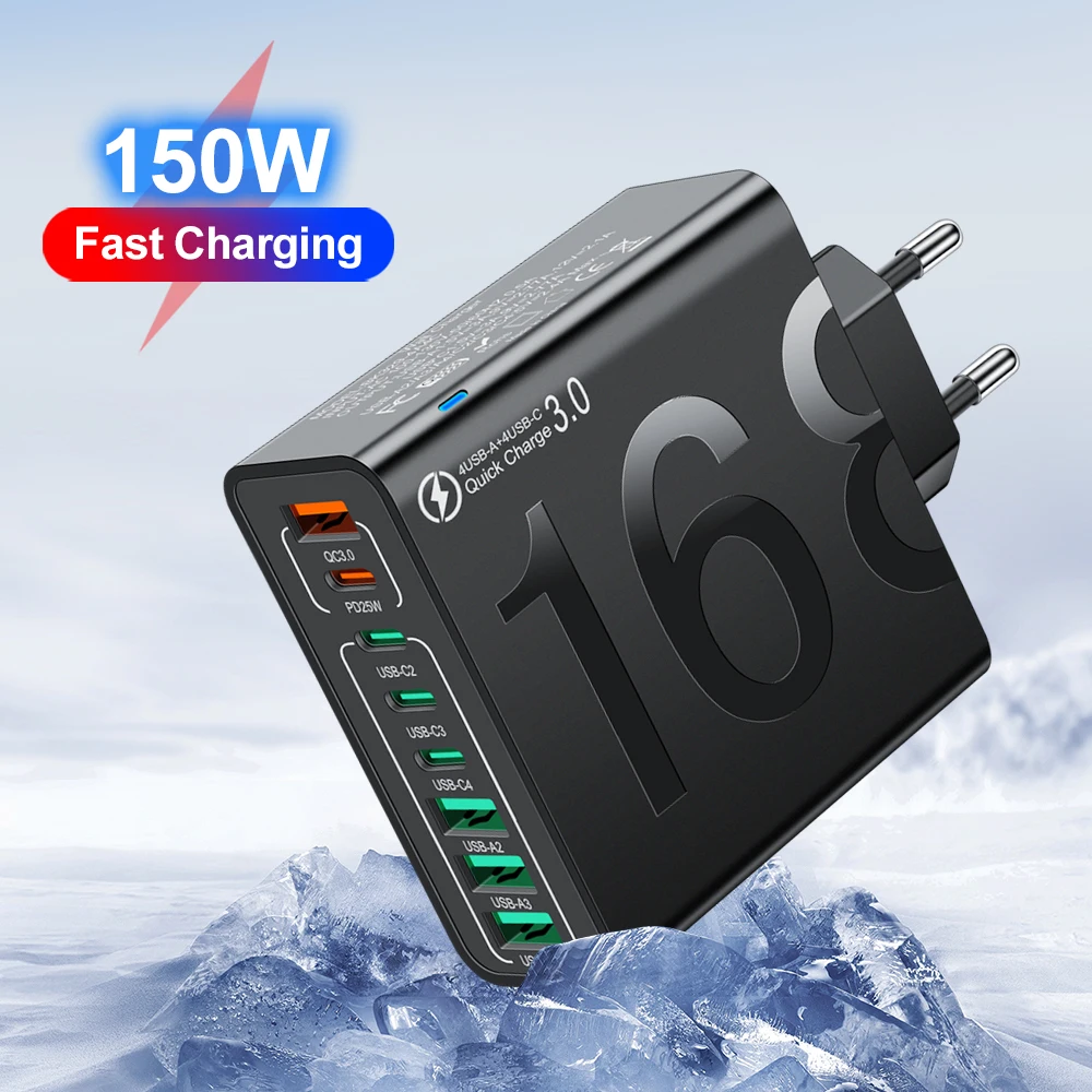 

150W QC3.0 Multi Ports Fast Charging Charger Type C USB EU/US/KR Plug Wall Portable Quick Charge Charger Portable Power Adapter