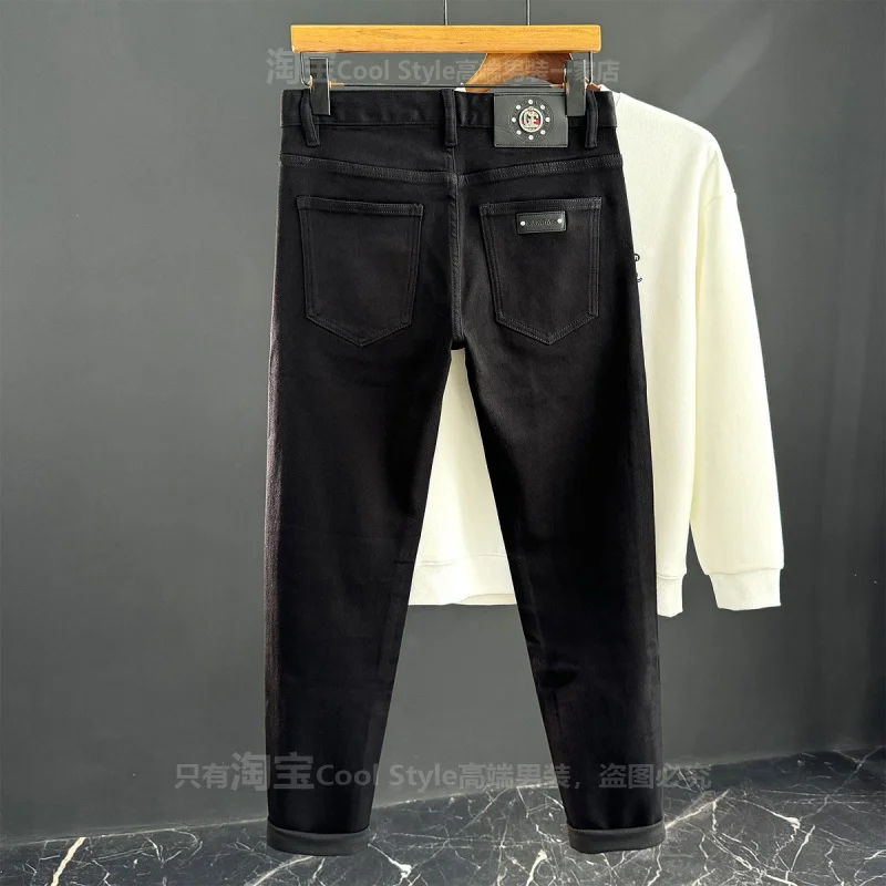High end trendy brand with thick velvet black jeans, men's stretch slim fit, small feet, winter warmth, light luxury pants