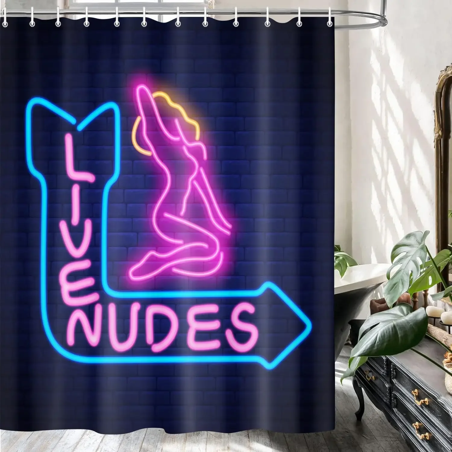Funny Live Nudes Shower Curtain Bathroom Decor, Neon Sign with Sexy Girl Blue Purple Bathroom Curtain, Fabric Shower Curtain