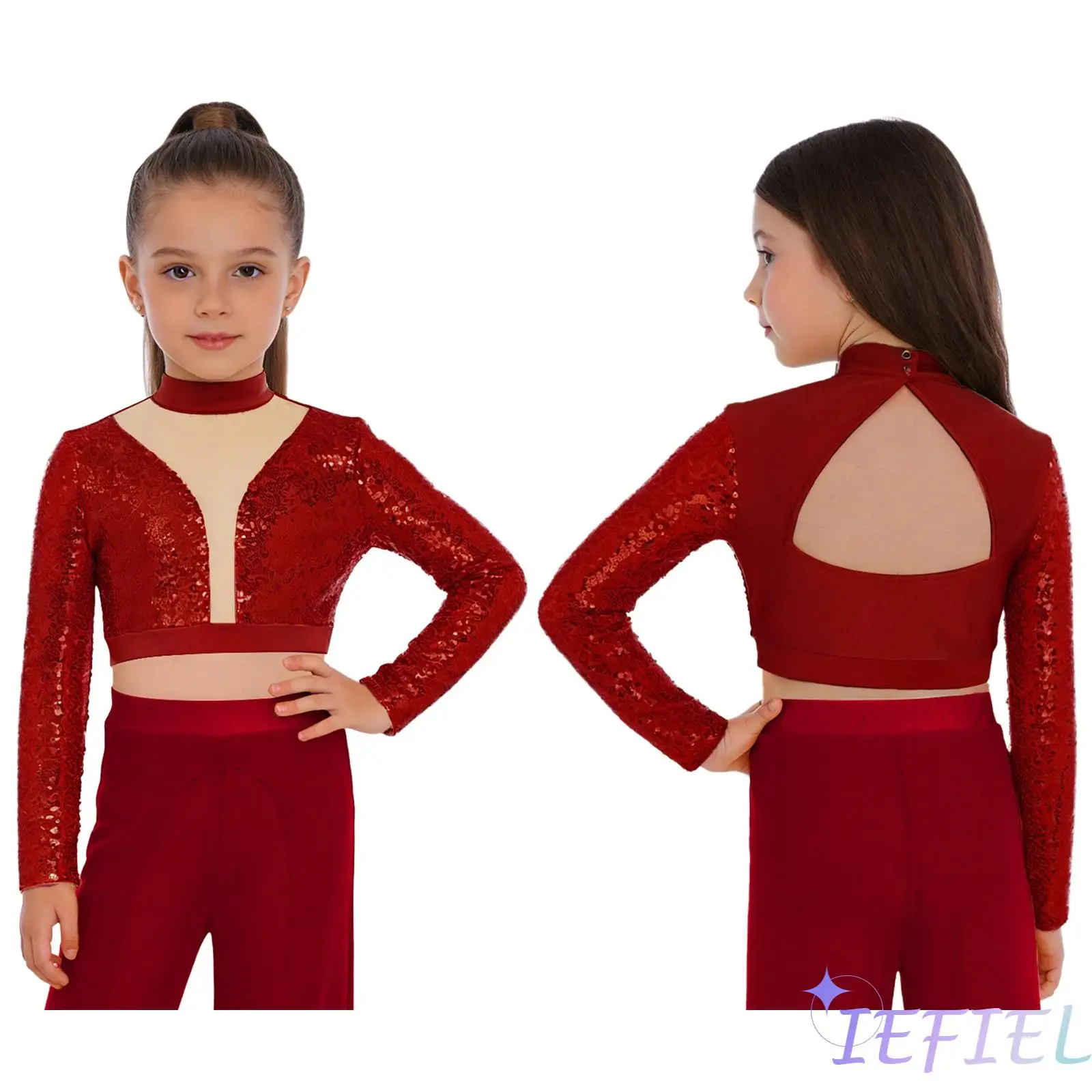 

Kids Girls Ballet Belly Dance Top Outfit Long Sleeve Mesh Patchwork Cutout Back Shiny Sequins Crop Top for Gymnastics Yoga Dance