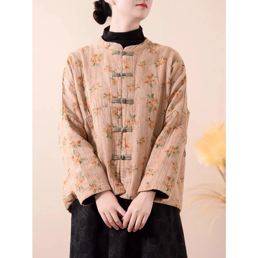 Chic cinese Sle Cotone Lino Or Jaet per donne di mezza età con design a bottoni Lungo Sve Stampa floreale Vestibilità ampia