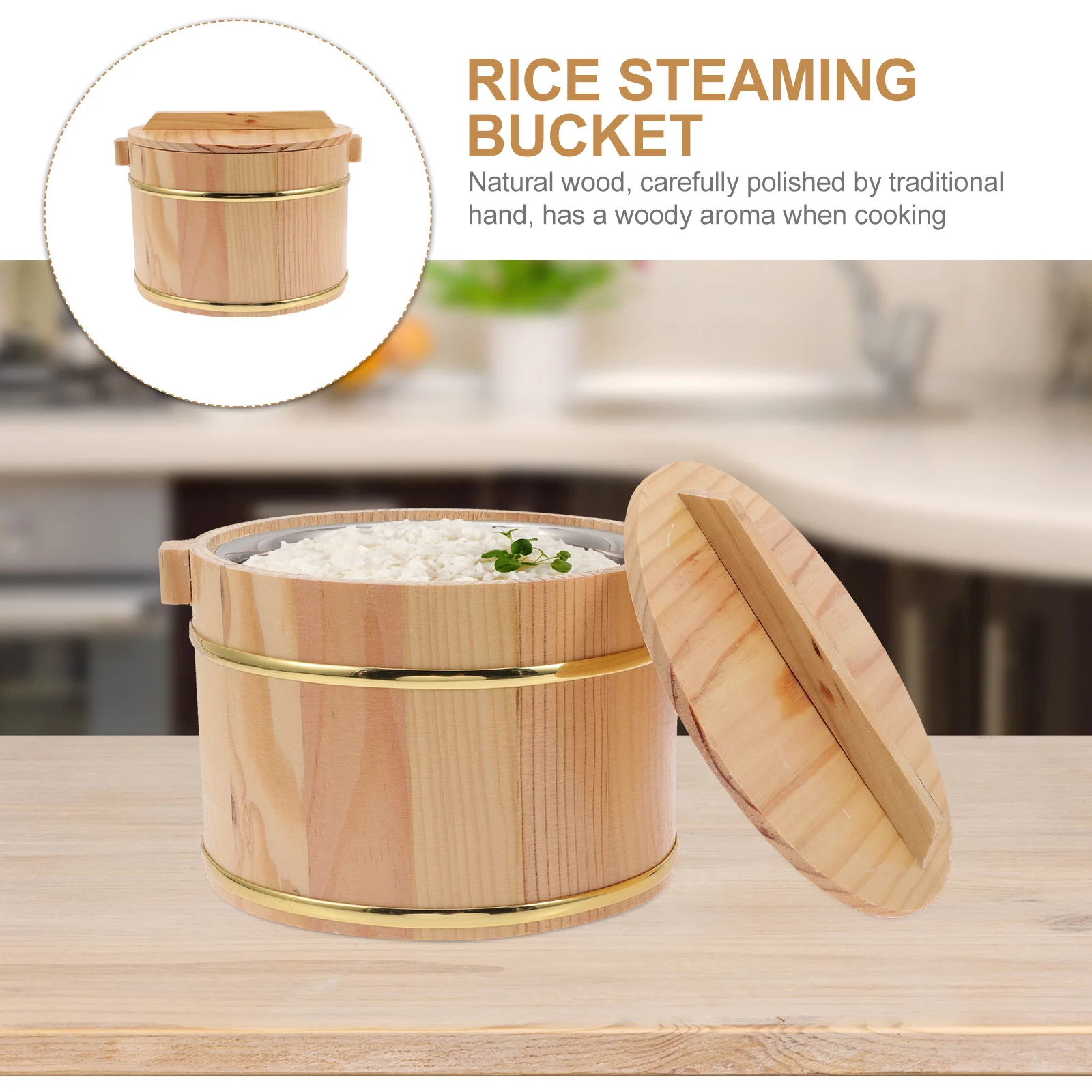 

1Set Wooden Steamed Rice Bucket with Handle Polished Craftsmanship Multi-Function Kitchen Gadget for Home Hotel Restaurant Use