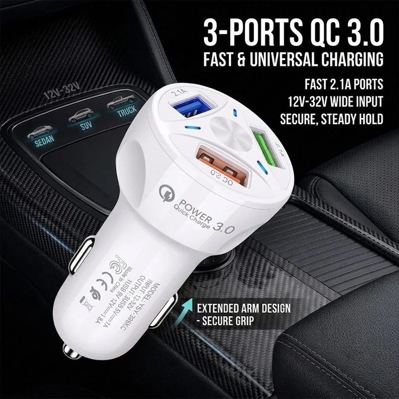 

3 USB Ports Car Charger 7A Total Output QC 3.0 Fast Charging Adapter Universal Vehicle Power Supply For 12V-32V Autos For iPhone