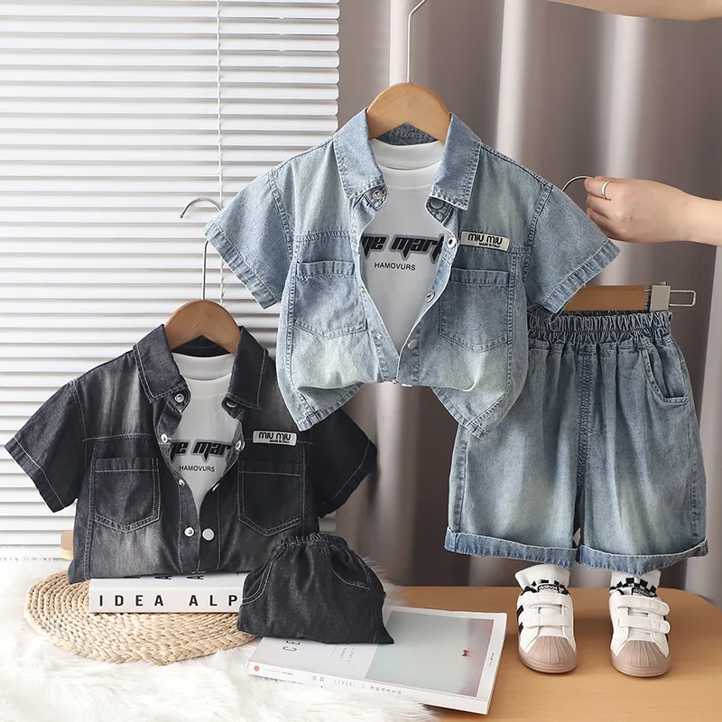 

Комплекты одежды для мальчиков: летний джинсовый костюм из 3 предметов (рубашка, жилет, шорты) для малышей, детские спортивные костюмы, наряды для детей 3 лет