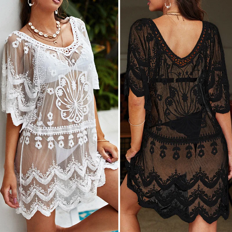 

2025 модный женский сексуальный полый кружевной пляжный солнцезащитный крем, водорастворимый кружевной внешний пуловер, блузка-бикини