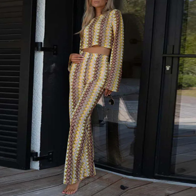 Conjunto de gancho de ganchillo con estampado de rayas para mujer, Top corto y pantalones sexys con cuello redondo, traje de moda de manga larga, ropa femenina