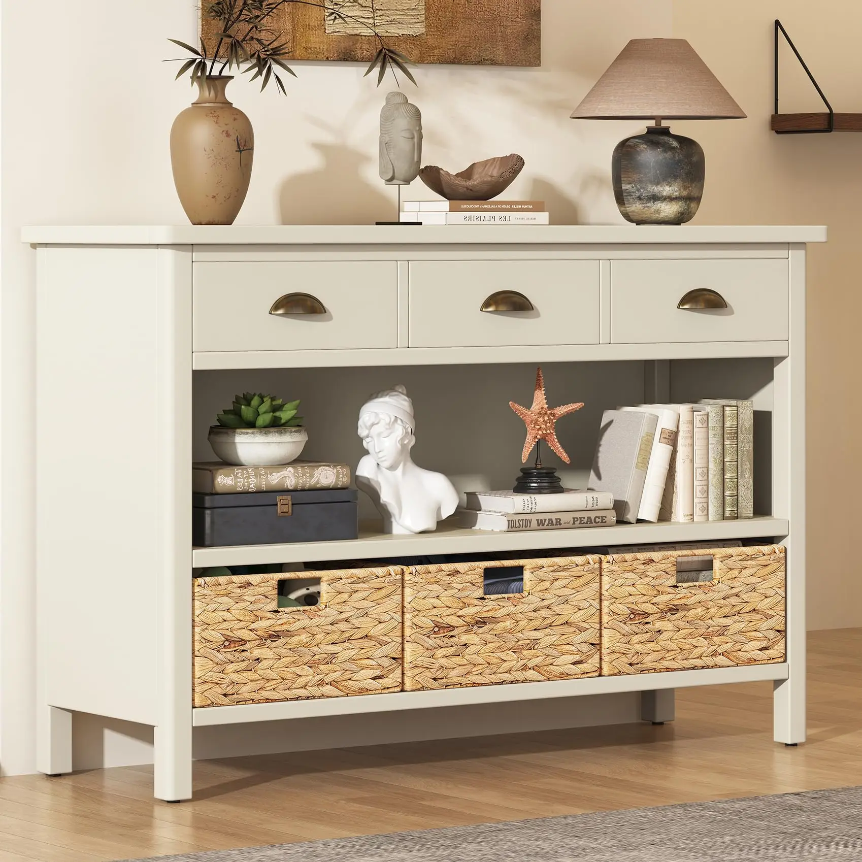 Vintage Console Table with 3 Drawers, Sofa Tables with Double Bottom Open Shelves and Water Hyacinth Woven Baskets, for