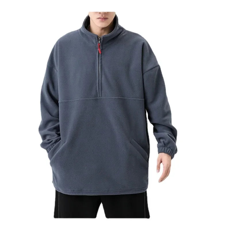 

Мужские повседневные толстовки, флисовые толстые теплые пуловеры с воротником-стойкой на молнии, толстовки, свободные уличные однотонные мужские теплые топы