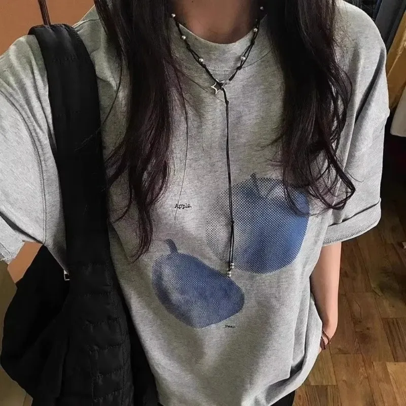 2026 Unisex Grey Short Sleeve T-Shirt Sweet Cool American Fruit Print Loose Casual round Neck Summer Top Cotton Commute Style