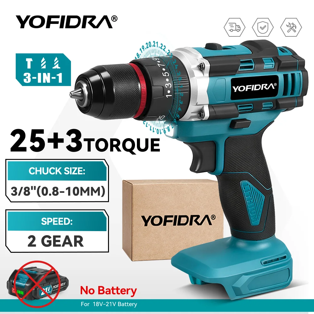 YOFIDRA 10MM 25+3 Torque Electric Impact Drill Cordless Screwdriver Drilling Handheld Power Tool For Makita 21V Battery Pin