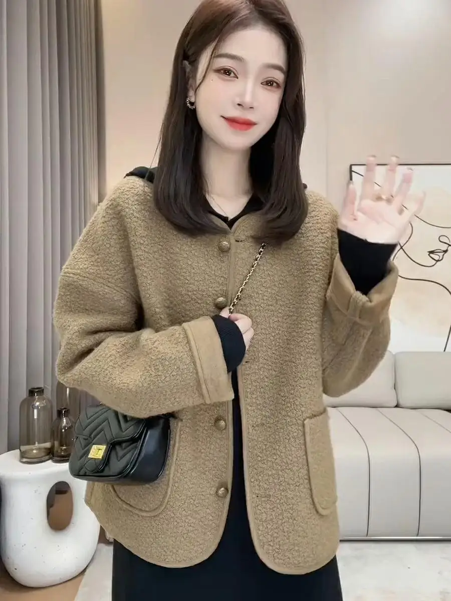 

Style Women's Spring Autumn Casual Loose Short Baseball Jacket Coarse Tweed Top round Neck Button Closure