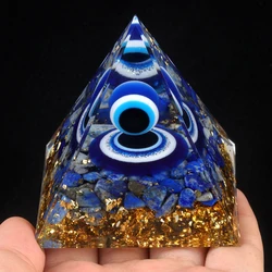 Crystal Devil's Eye Pyramid Natural Crushed Stone Lapis Lazuli Dropping Resin Home and Office Desktop Decoration Crafts 6x6cm