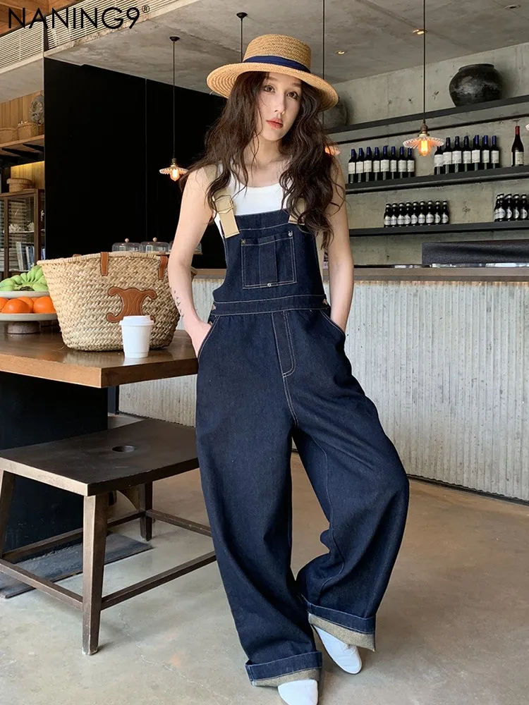

Naning9 Spring Summer New Denim Series Washed Bright Line Color Block Pocket High Waist Overalls Women's Straight Leg Jumpsuit
