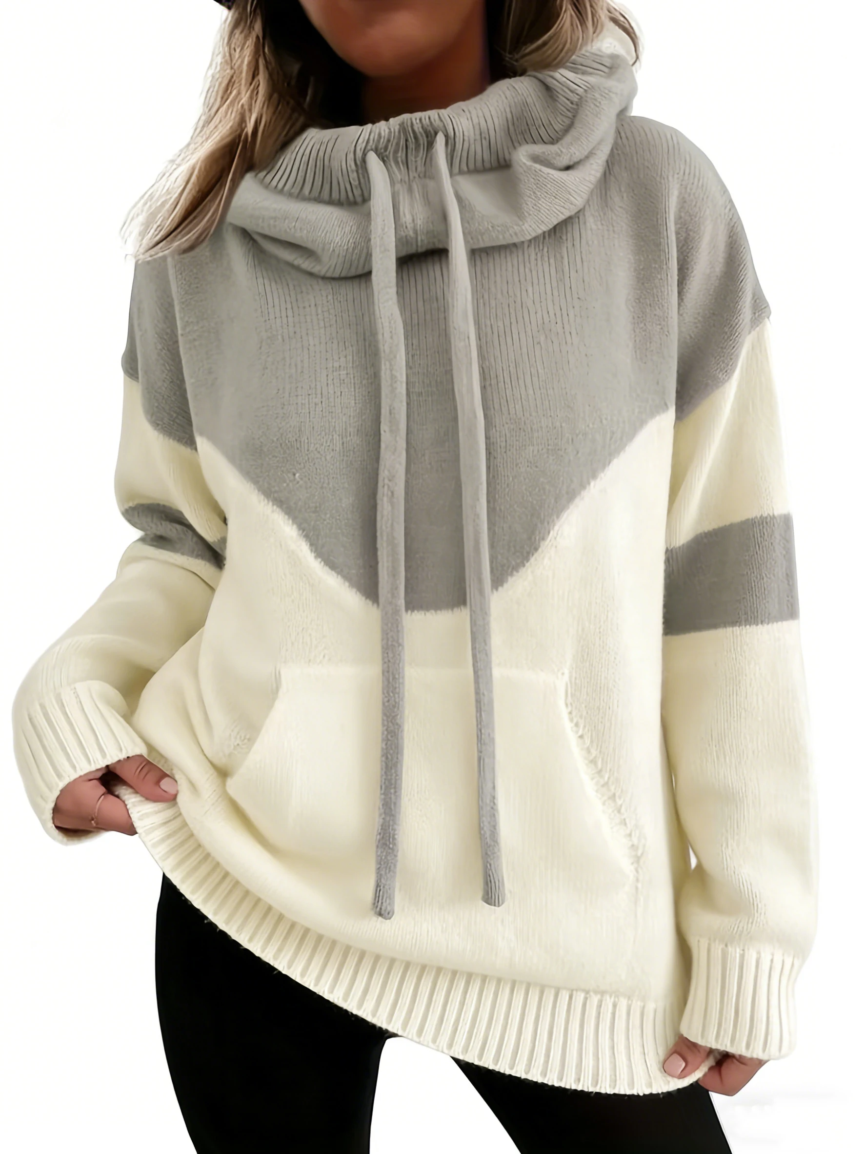 

Women's designer hooded knit sweater, elegant and fashionable sporty style, color-block top for autumn and winter