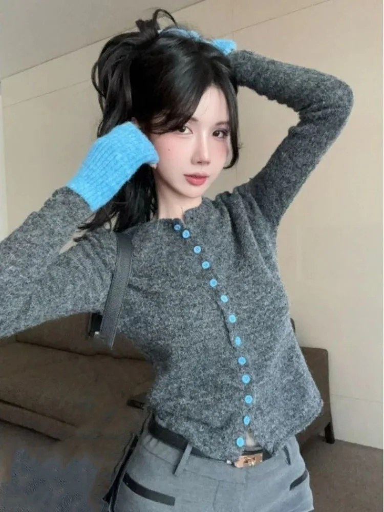 

2025 Fake Two Piece Knitted Cardigan For Women Spring Autumn New Bottoming Knitted Top Y2k Lazy Mohair Sweaters Mujer