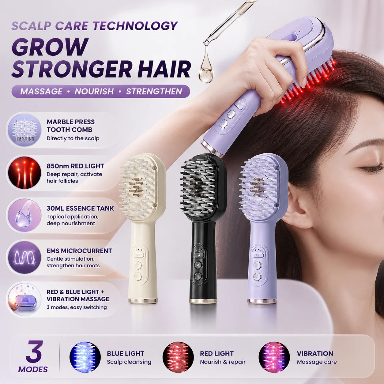 EMS Microcurrent Scalp Massage Brush 850nm Red Blue Light 30ml Essence Liquid Tank Vibration Hair Growth Hair Nourish Follicles