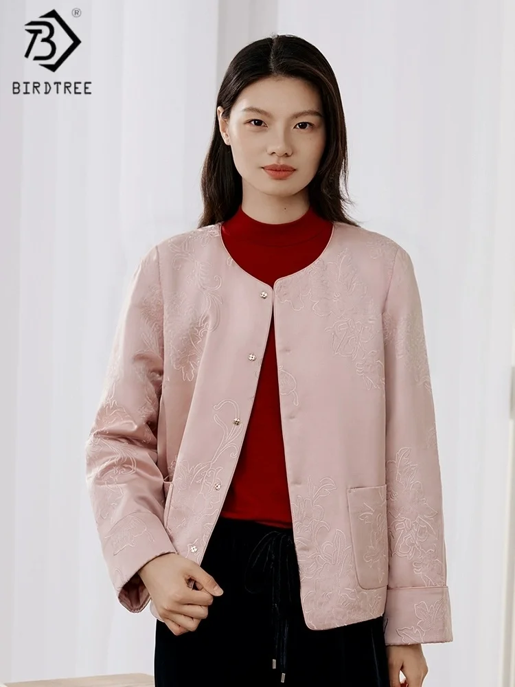 

Birdtree Lining 100% Silk Chinese Style Jacket,Women Embroidery O-neck Commuting Cardigan,2025 Winter New Coat T5O101JF