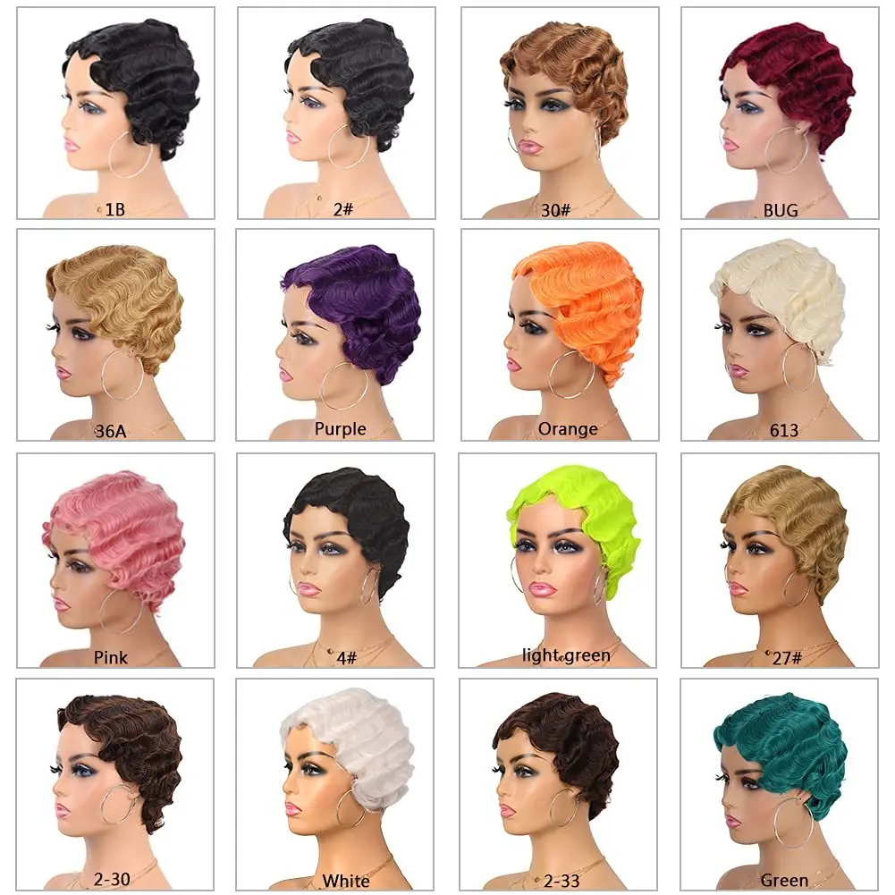 Short curly synthetic wig head cover vintage water ripple short roll head cover