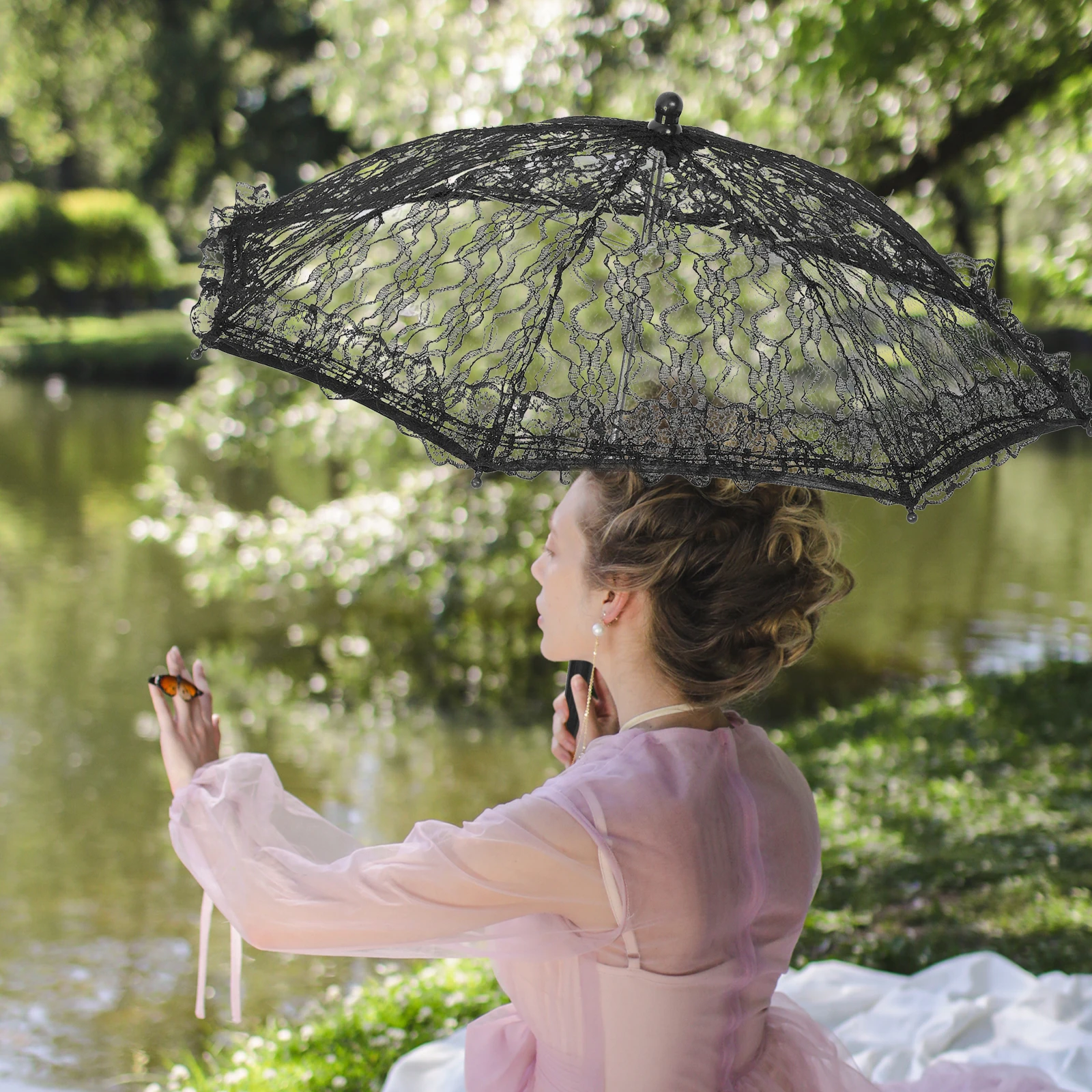 

Кружевной зонт S-51237-Длина 42 см, диаметр 50 см, зонтик ручной работы с цветочной вышивкой, винтажный декоративный свадебный фото