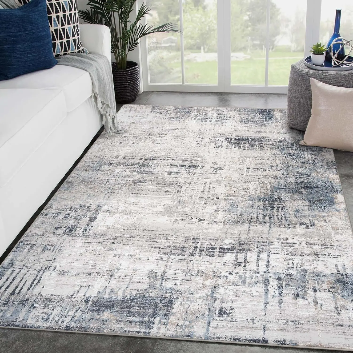 Camellia Collection 1680 Blue Abstract Area Rug 9X12, Stain Resistant Carpet