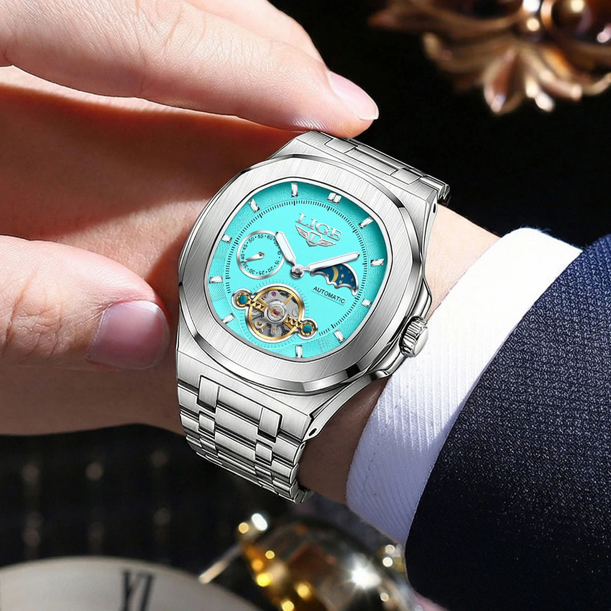 LIGE Mechanical Watch Dual Seconds Tourbillon Watch 24 Hour Men Stainless Steel Authentic Watch Night Glow Waterproof Mens Watch