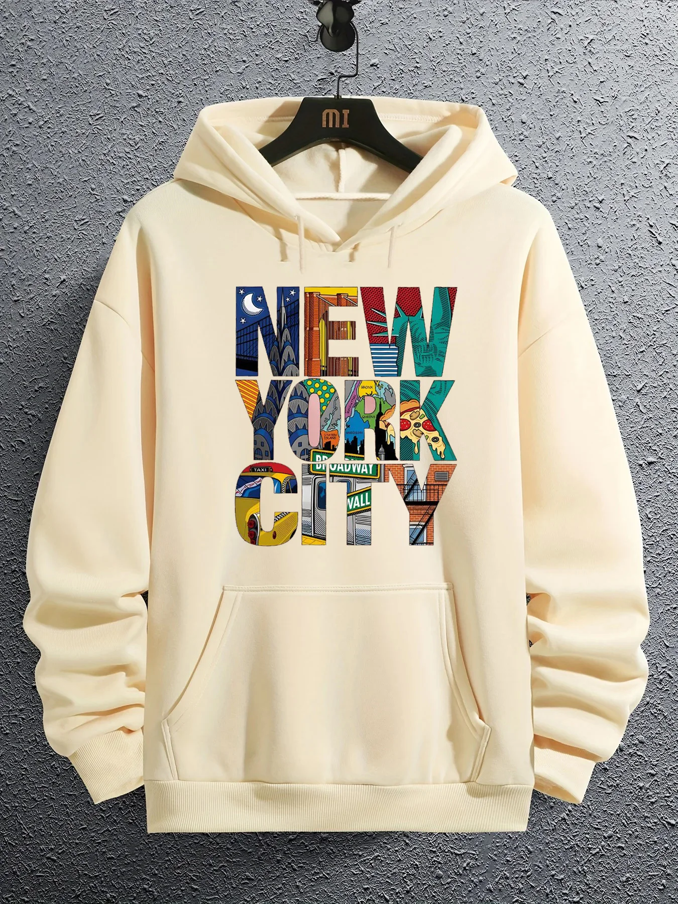 Men's autumn and winter casual fashion loose hooded sweatshirt New York City letter printed long sleeved warm pullover