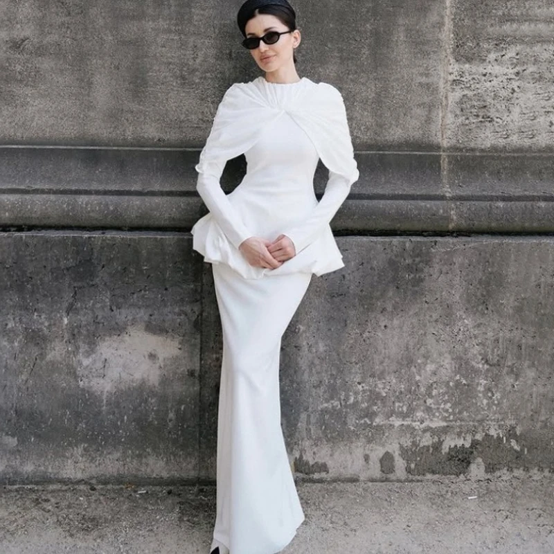 

Tornova Wrinkles Tops Hip Skirt Women's Suits Solid Crew Neck Long Sleeves Tops Slim Skirt Elegant Set Autumn Female Clothing