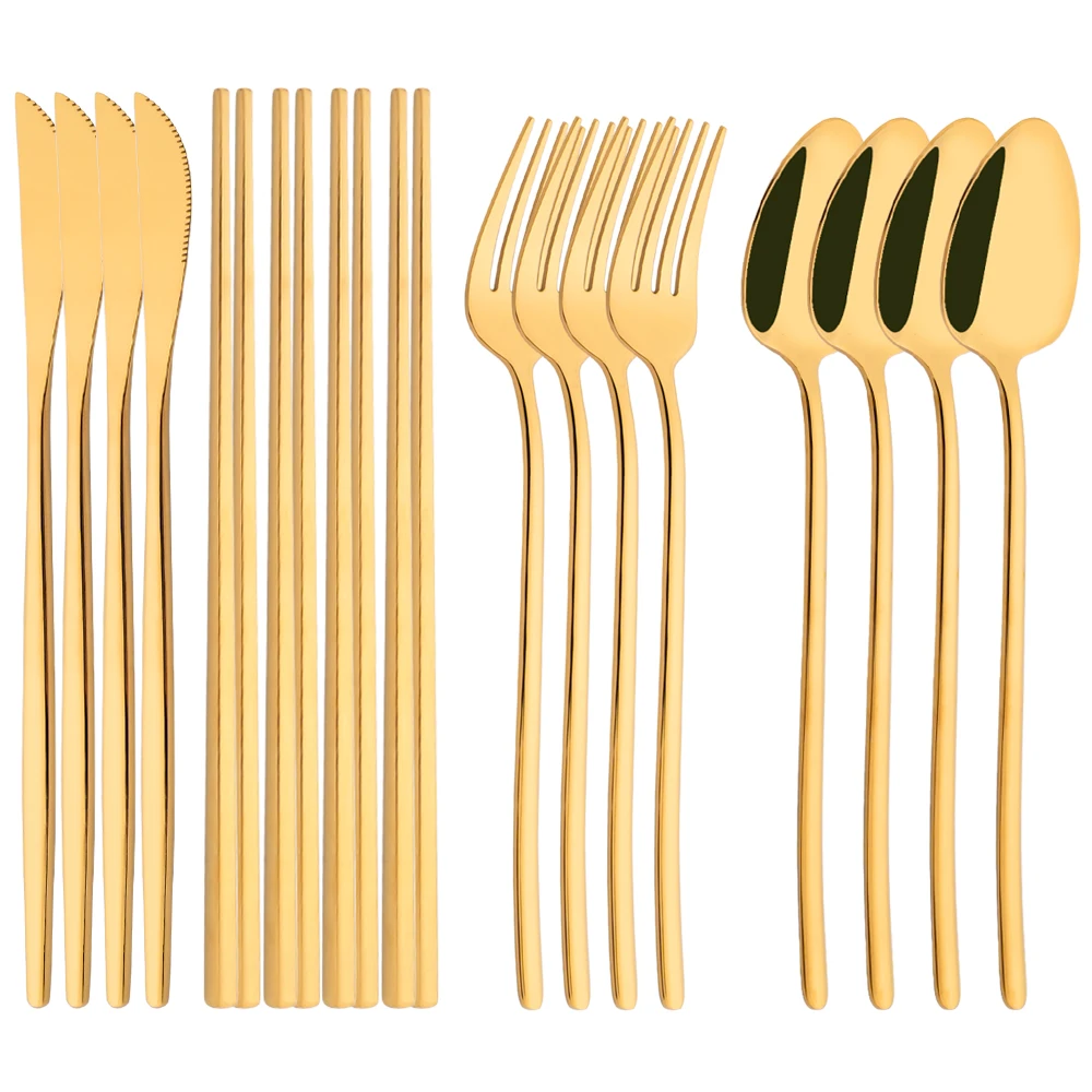 

12-16Pcs Chopsticks Knife Fork Spoon Cutlery Set Gold Dinnerware Set Luxury 18/10 Stainless Steel Flatware Korean Tableware Set