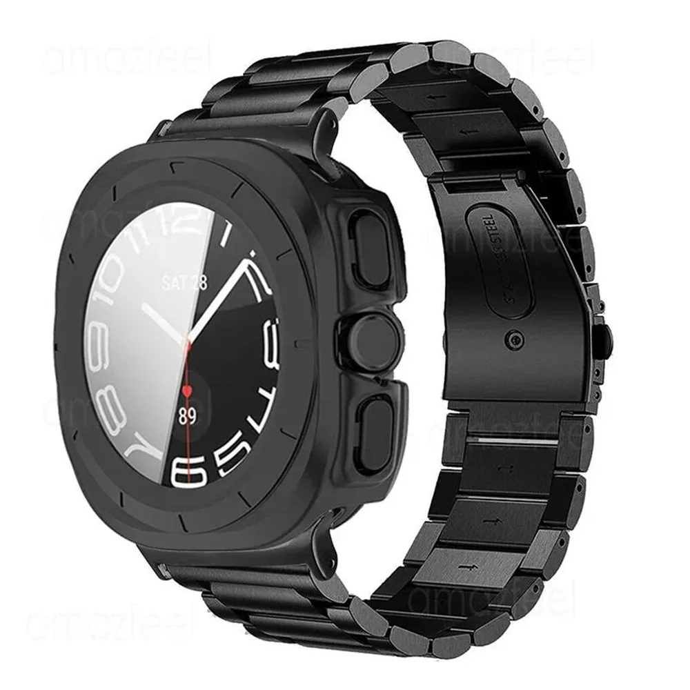 For Samsung Galaxy Watch Ultra 47mm / Ultra (2025) 47mm 3-Bead Stainless Steel Band + PC Watch Case with Tempered Glass Screen P