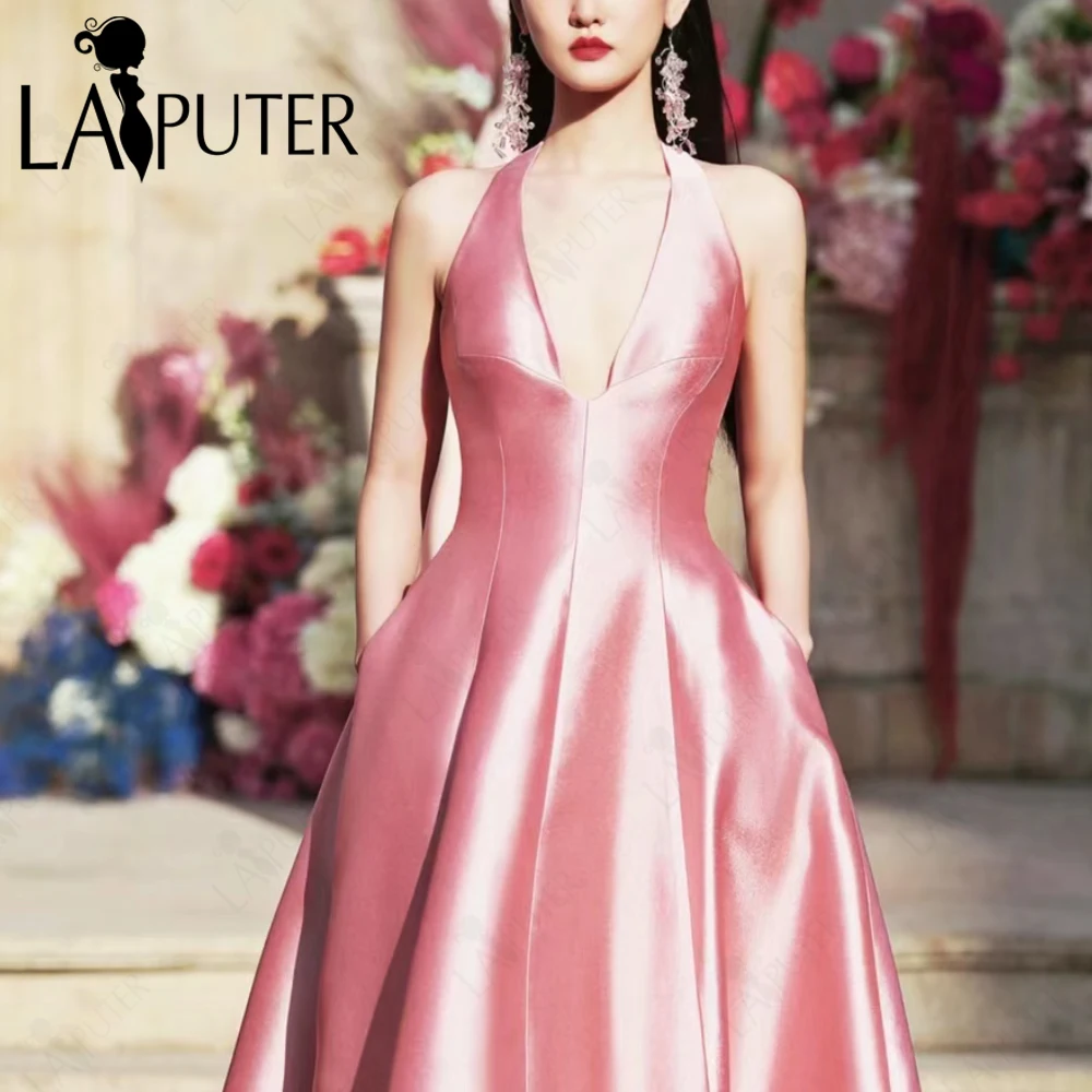 Unique Cut Pink Evening Dresses Simple Pink Satin A line Prom Gown Halter V neck Celebrity Dress Box Pleat New Design 2024