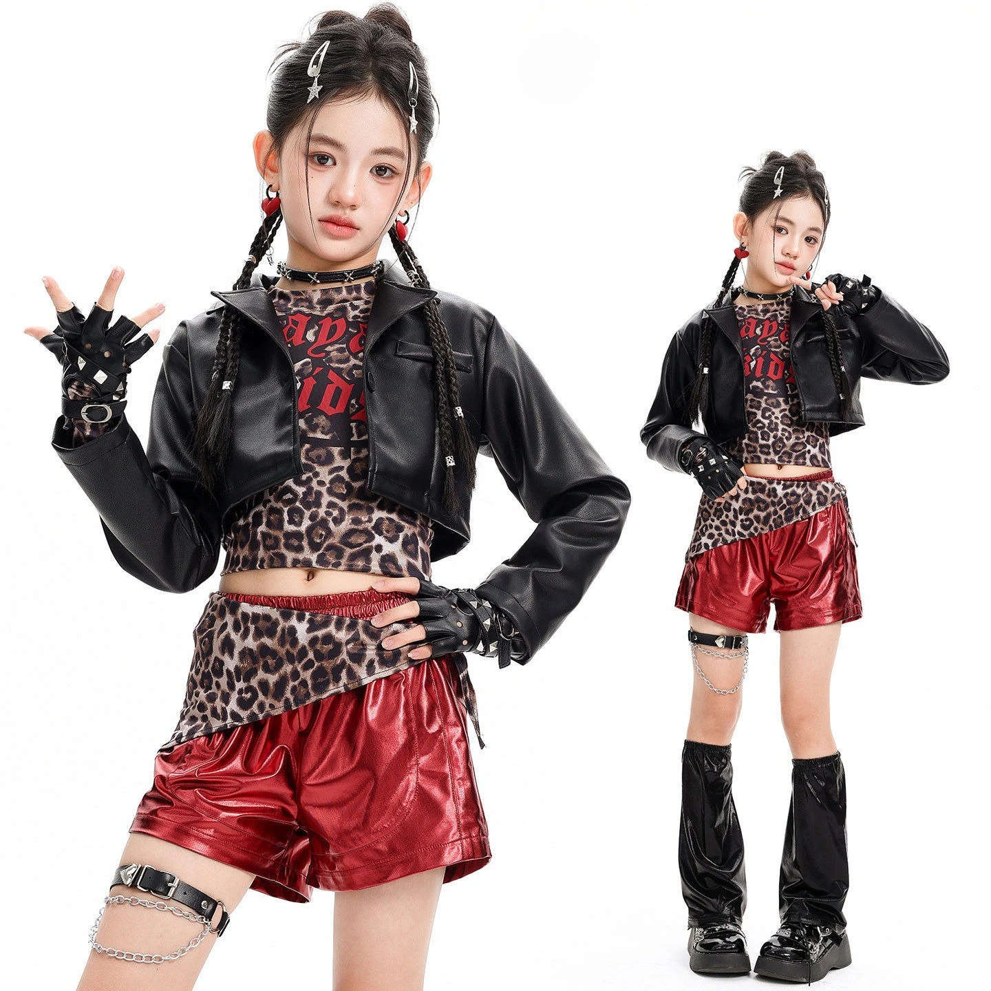 Girls Black PU Jacket Brown Black Leopard Print Burgundy A-line Shorts Set, Children Jazz Hip Hop Kpop Stage Performance Outfits