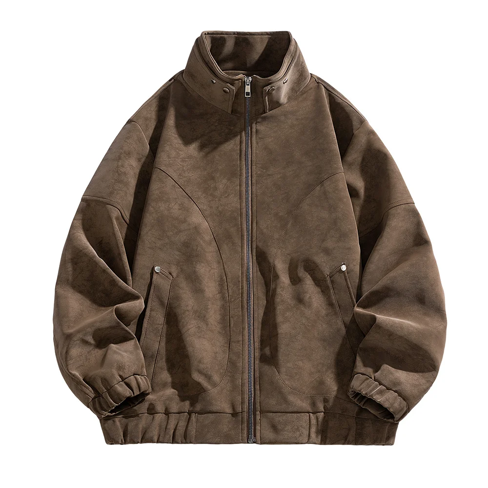 

High Street Men's Suede Textured Harrington Stand-Up Collar Leather Jacket Vintage Pilot Jacket Loose-Fitting Windproof Coat
