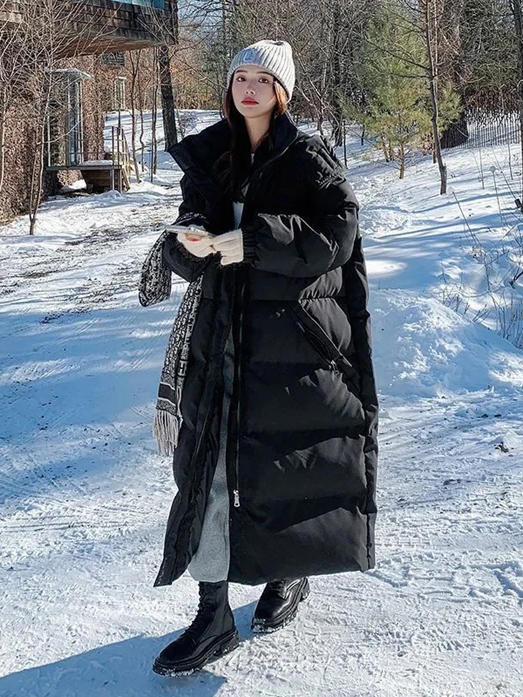 Parkas largas con capucha de retazos para invierno, abrigo de cintura acolchada de algodón grueso, ropa de nieve elegante, nuevo