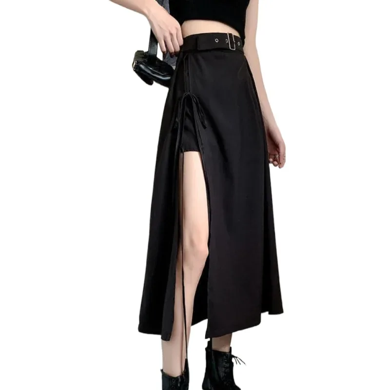 Side Slit Skirts Women Black Solid Simple Lace-up Design Asymmetrical Niche Korean Style High Waist Young Girls Summer Clothing