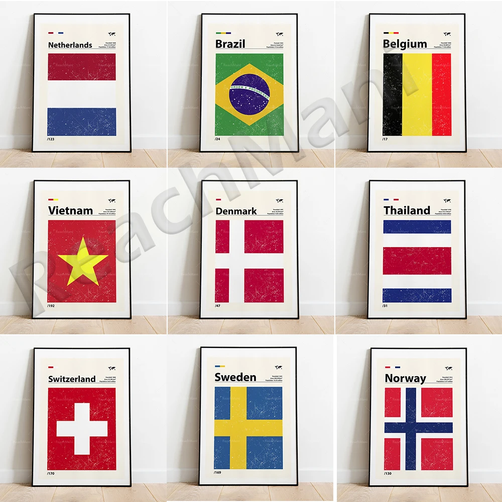 Morocco, Switzerland, Belgium, Chile, Netherlands, Vietnam, Norway, Sweden, Denmark, Thailand, Brazil Flags Typographic Poster