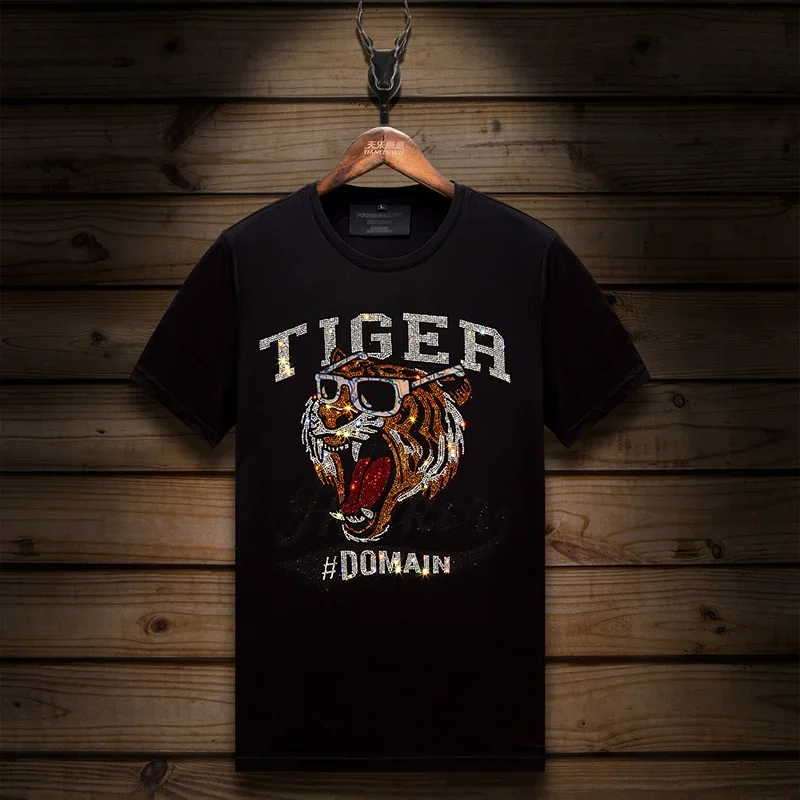 

Fashion Tiger Diamonds Cartoon T Shirt Women Clothing 2024 New Trend O Neck Short Sleeve Slim Summer Thin Casual Ladies Tshirts