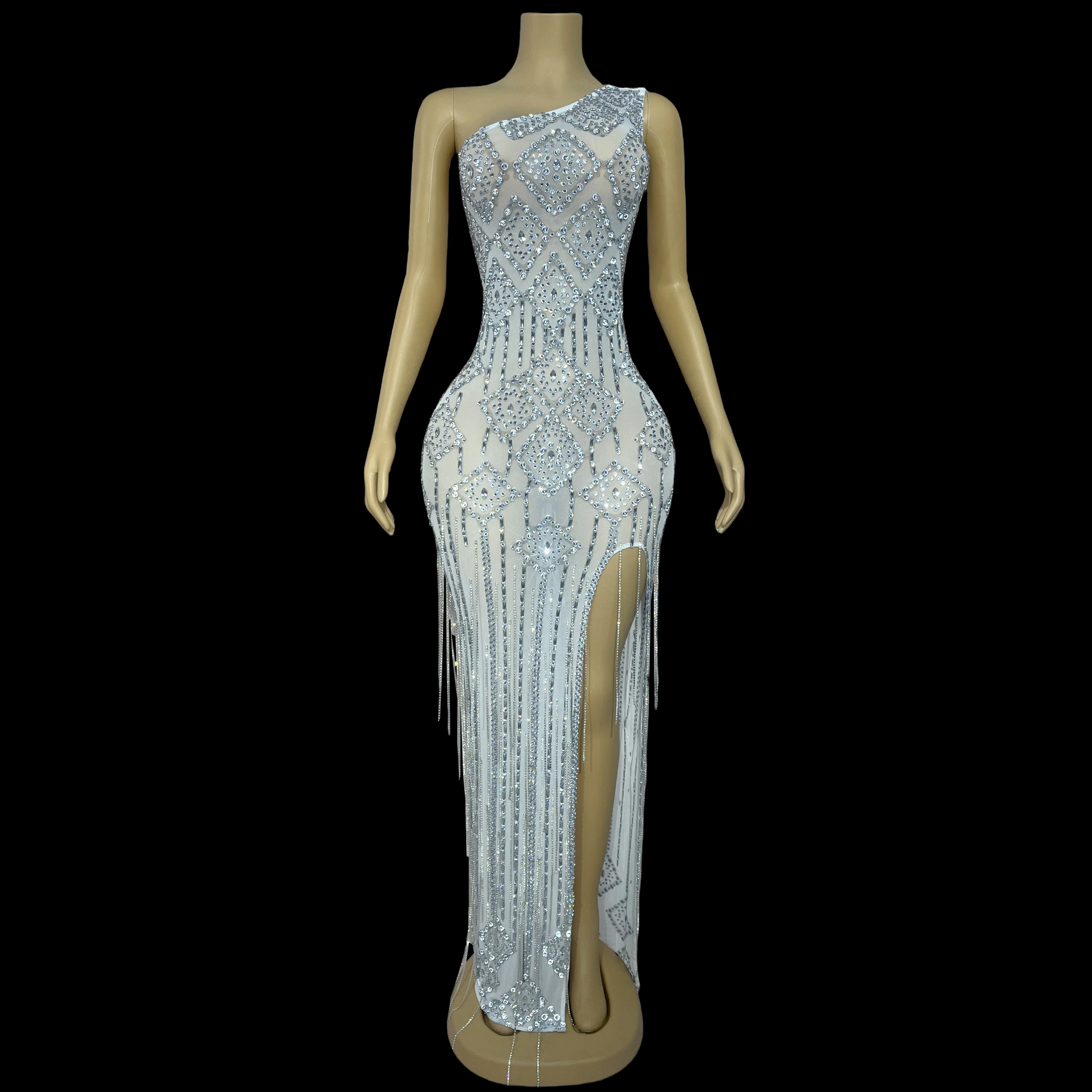 High-end evening shimmering crystal chain elegant one-shoulder dress party celebration costume wedding red carpet dress Linglian