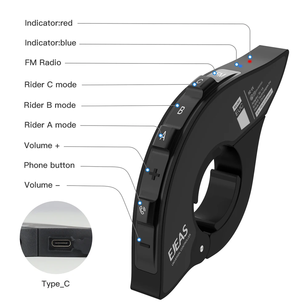 EJEAS-Q8 Capacete de motocicleta Headset, Interfone com controle remoto EUC, Walkie Talkie para 6 pilotos, falando em tempo real IP67, Bluetooth 5.1