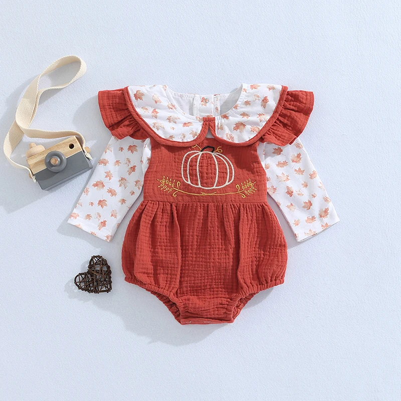 Baby Girl Romper+Shirt Suit  Long Sleeve Maple Leaf Print Tops + Street Suspender Romper