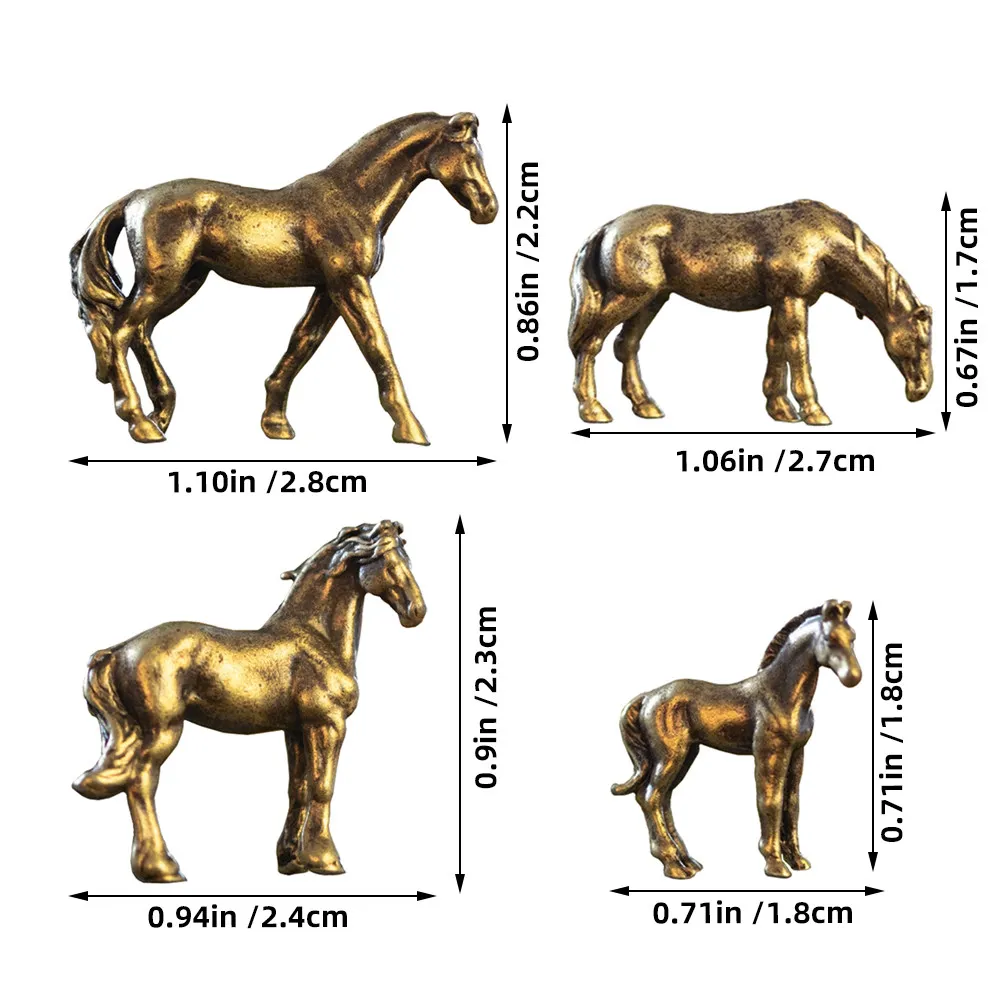 4Pcs Miniature Brass Horse Sculptures Vintage Metal Art Feng Shui Decoration for Home Office Bonsai Aquarium Metal Horse Statue