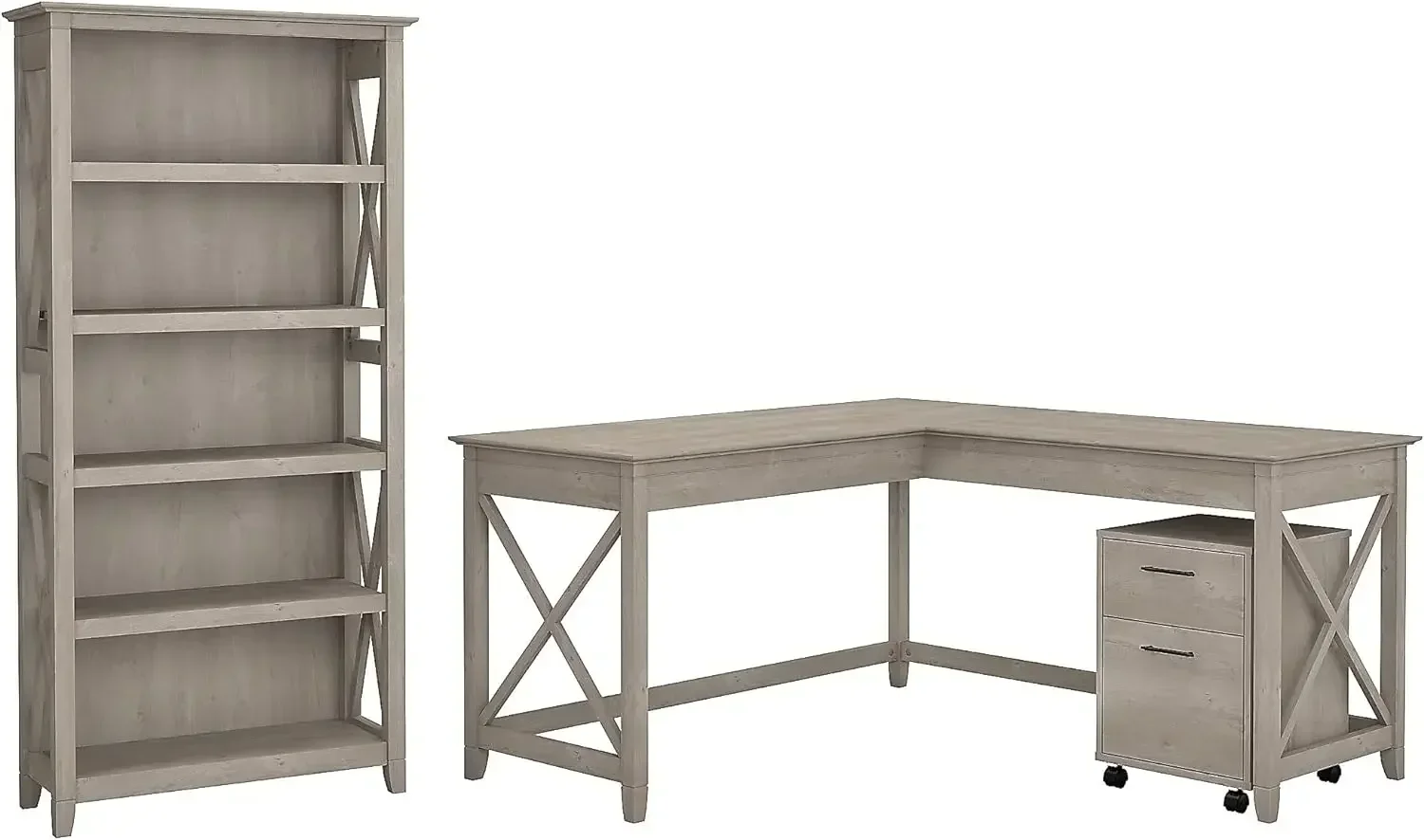 Key West 60W L Shaped Desk with 2 Drawer Mobile File Cabinet and 5 Shelf Bookcase in Washed Gray