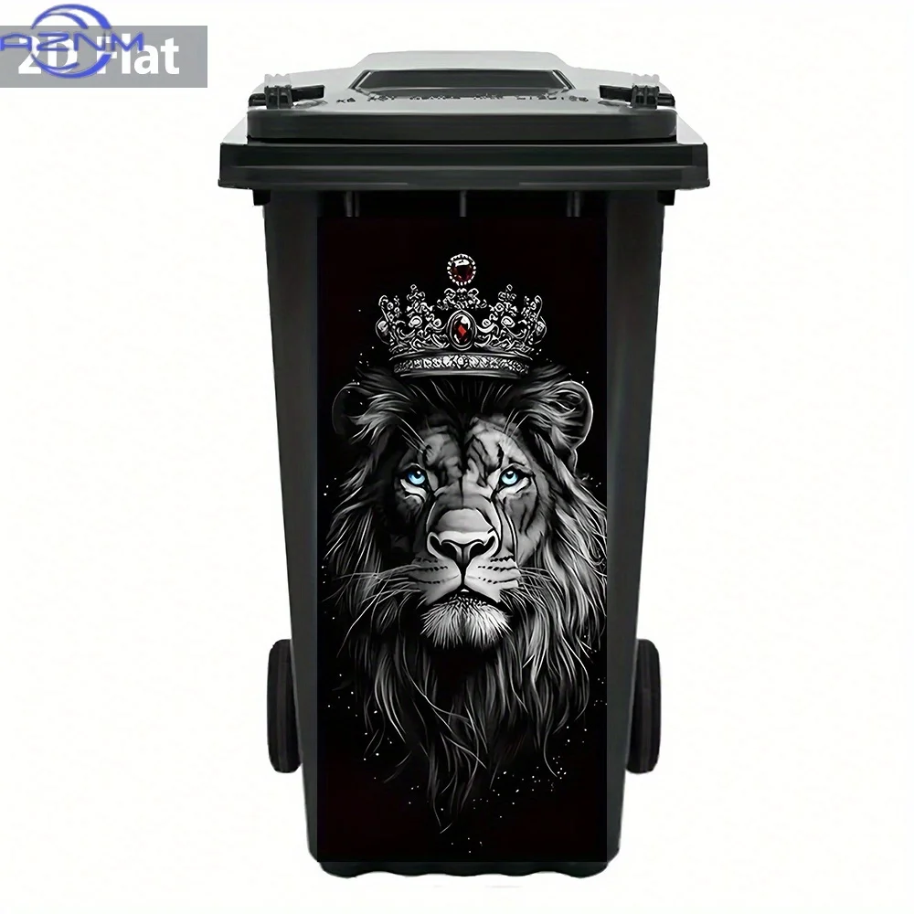 2D Flat Lion with Crown PVC Trash Can Sticker, Waterproof & Removable, Ideal for Majestic Fantasy Decor, Usable for Bin Art/Ho