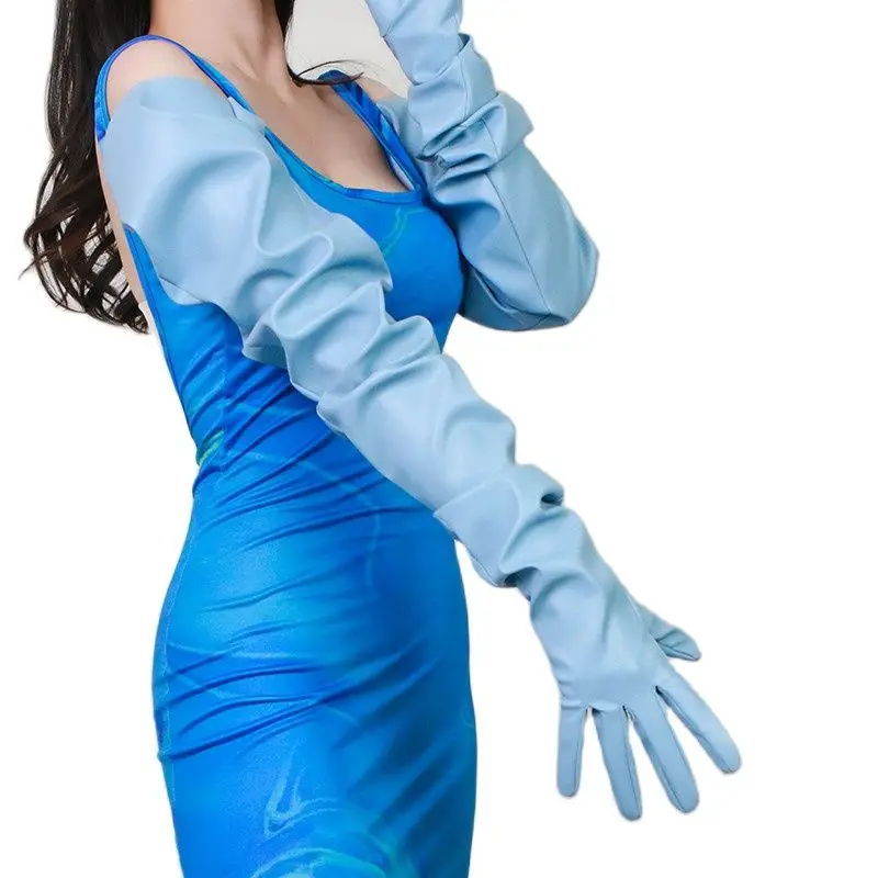 Extra Long Patent Leather Gloves Female 90cm Big Sleeve Loose Faux Sheepskin Leather PU Women Gloves Light Blue Cosplay HPU50