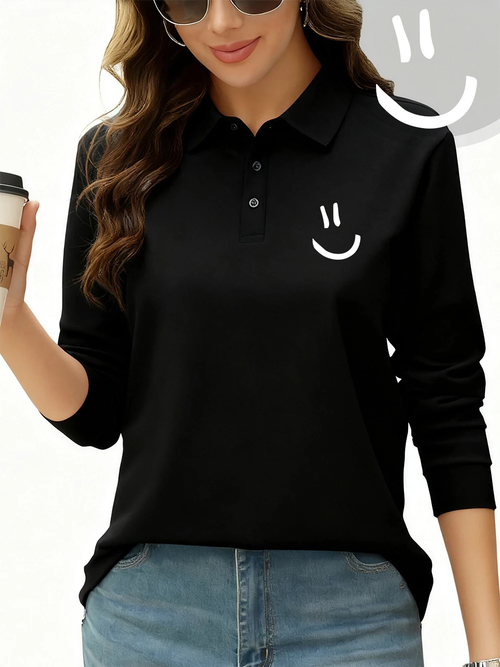 

Keep Smile Graphic Printing Polo Shirt Womens Spring Breathable T-Shirts Commuting Long Sleeves Tops Sporty Woman New Workwear