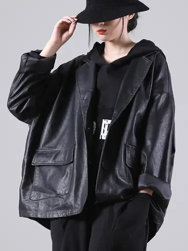 Amax luluE England Style Hooded Loose Black Leather Jacket 2021 Autumn New Women Casual Biker Coat Female Harajuku Pu Streetwear - Image 3