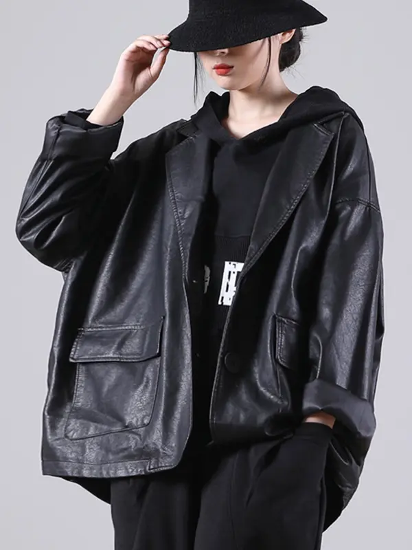 Amax luluE England Style Hooded Loose Black Leather Jacket 2021 Autumn New Women Casual Biker Coat Female Harajuku Pu Streetwear - Image 3