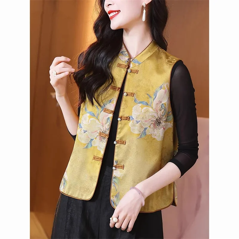 National Style New Chinese Style Vest Retro Printed Women's Summer New Style Stand up Collar Fashionable Buckle Camisole Fashion