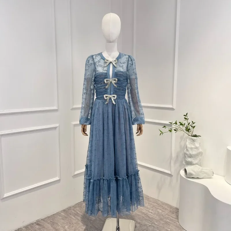 

Summer Fairycore Blue 2024 Top Quality Women Fashion Clothes Bow Hollow Lace Long Sleeve Midi Dress