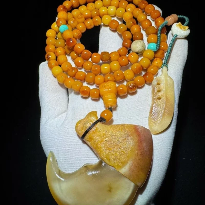 Vintage Tibetan-style old material beads with horn hook pendant multi-loop bracelet men and women